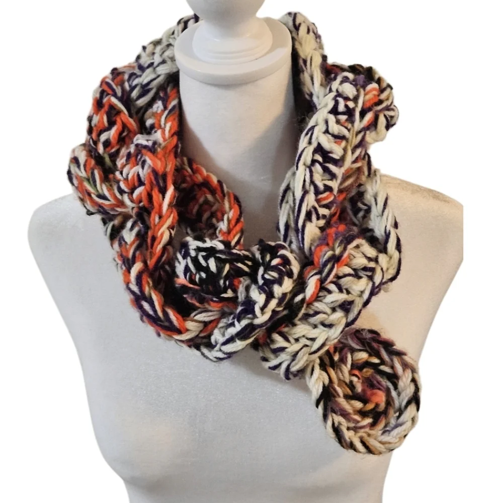 Hand Crafted Scarf Crochet Chunky knit multicolored Artisan  unique wearable art